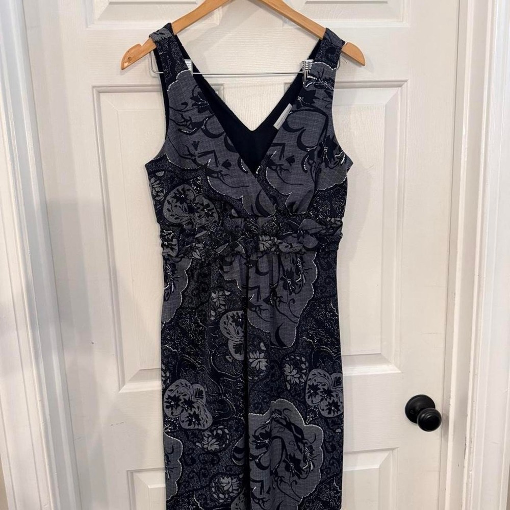 New York & Company Black Grey Floral Braided Waist V-Neck Sheath Dress Womens M